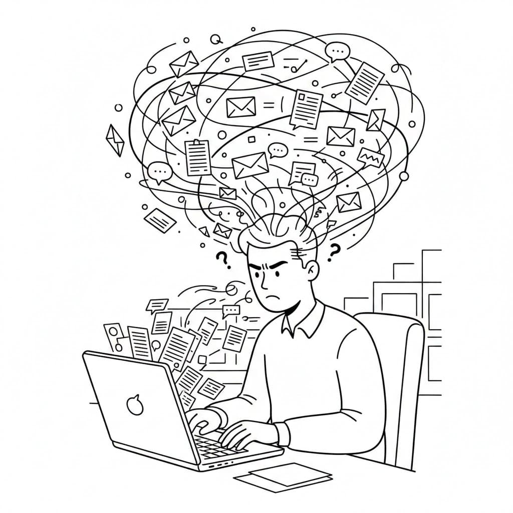 Stressed buyer overwhelmed with emails and files